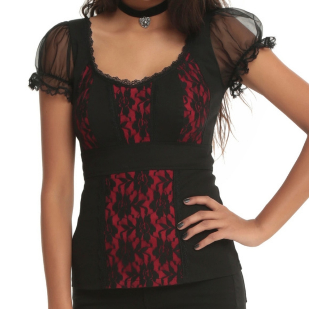 Royal Bones By Tripp Black And Red Lace Top Size L